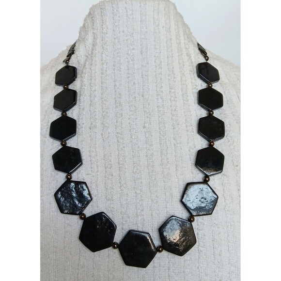 Express Signed Black Geometric Hexagon Statement Necklace 28-30 in - Picture 1 of 10